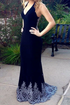 Dark Navy Blue Mermaid V-neck Prom Dresses With Appliques GJS226